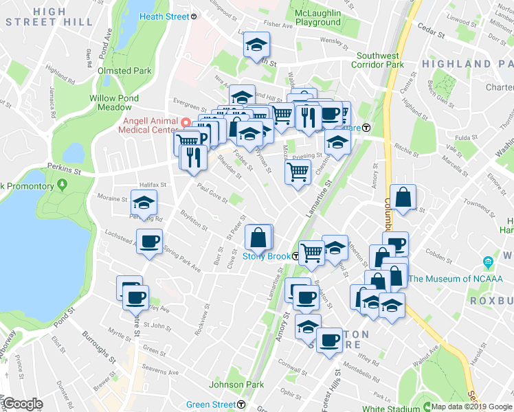 map of restaurants, bars, coffee shops, grocery stores, and more near 106 Sheridan Street in Boston