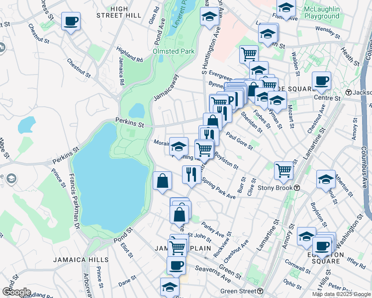 map of restaurants, bars, coffee shops, grocery stores, and more near 30 Moraine Street in Boston