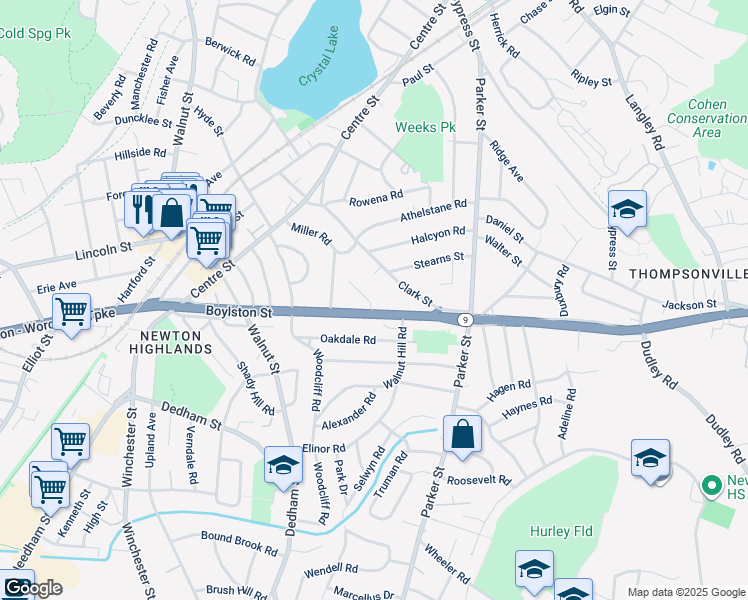map of restaurants, bars, coffee shops, grocery stores, and more near 701 Boylston Street in Newton