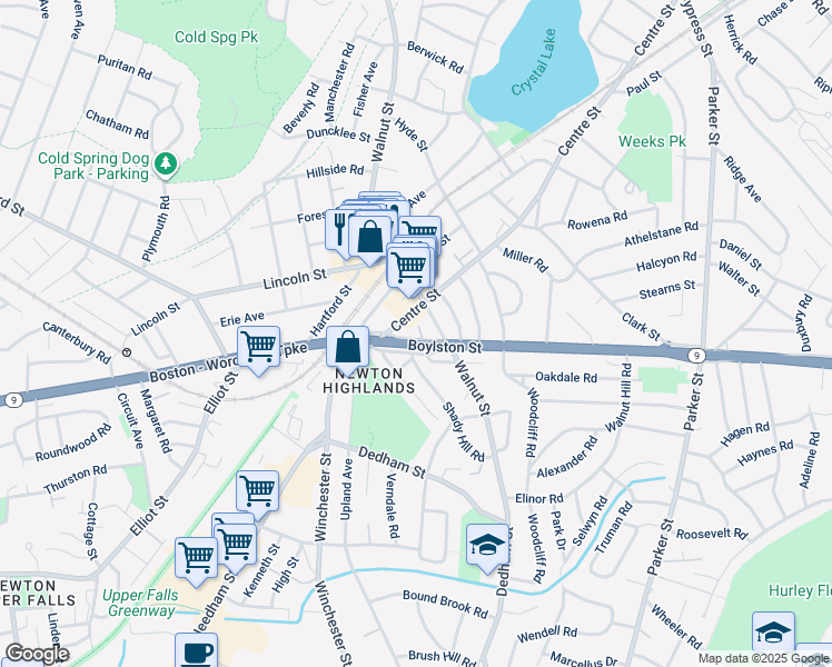 map of restaurants, bars, coffee shops, grocery stores, and more near 831 Boylston Street in Newton