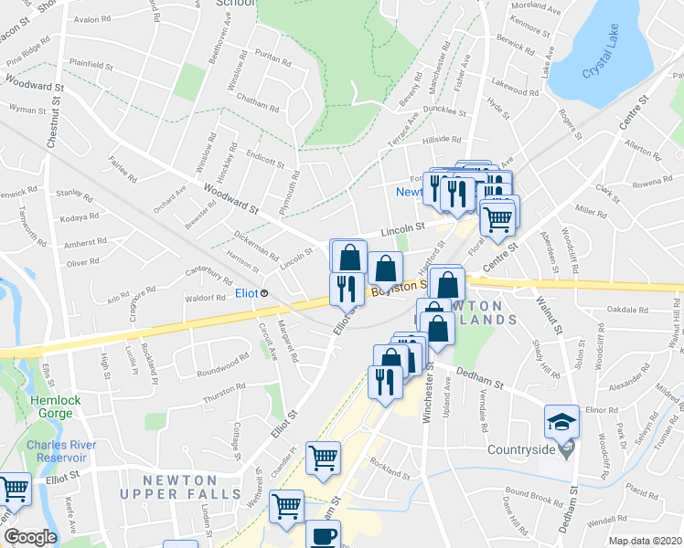 map of restaurants, bars, coffee shops, grocery stores, and more near 21 Woodward Street in Newton