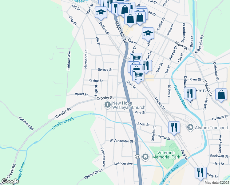 map of restaurants, bars, coffee shops, grocery stores, and more near 305 Canisteo Street in Hornell