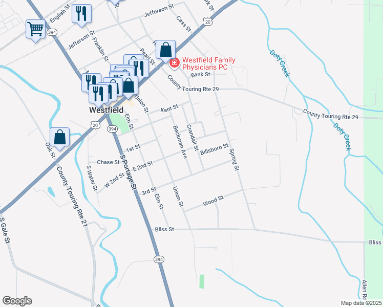 map of restaurants, bars, coffee shops, grocery stores, and more near 40 Crandall Street in Westfield