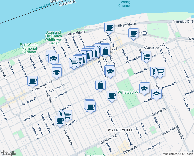 map of restaurants, bars, coffee shops, grocery stores, and more near 812 Lincoln Road in Windsor