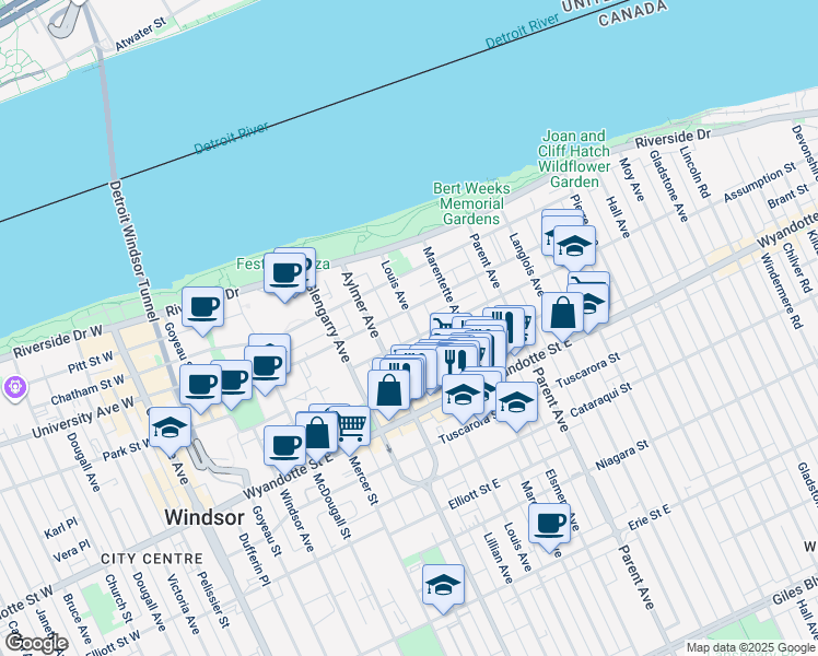 map of restaurants, bars, coffee shops, grocery stores, and more near in Windsor