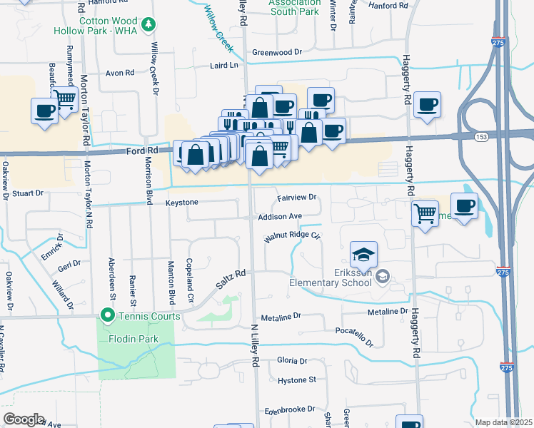 map of restaurants, bars, coffee shops, grocery stores, and more near 42295 Fairview Drive in Canton