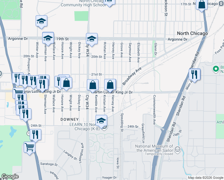 map of restaurants, bars, coffee shops, grocery stores, and more near 1610 Martin Luther King Junior Drive in North Chicago