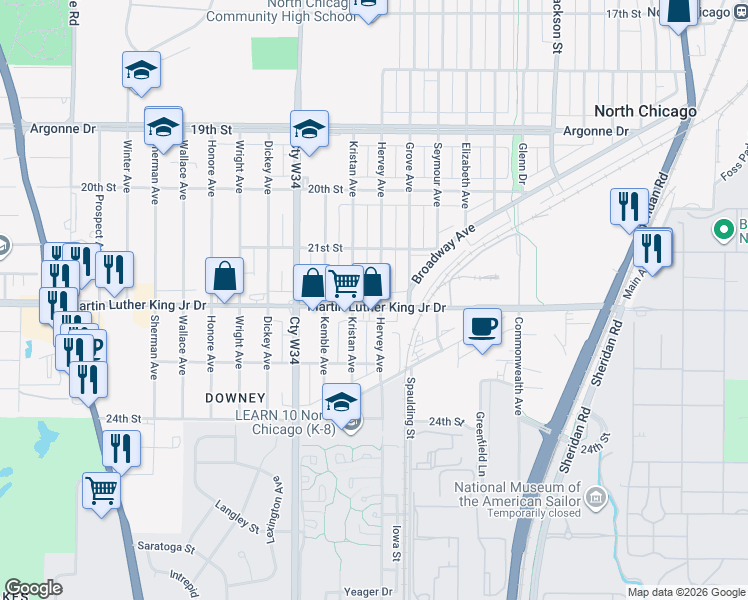map of restaurants, bars, coffee shops, grocery stores, and more near 1718 Martin Luther King Junior Drive in North Chicago
