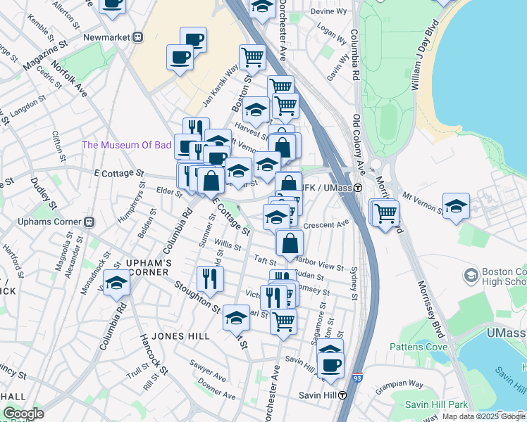 map of restaurants, bars, coffee shops, grocery stores, and more near 27 Edison Green in Boston