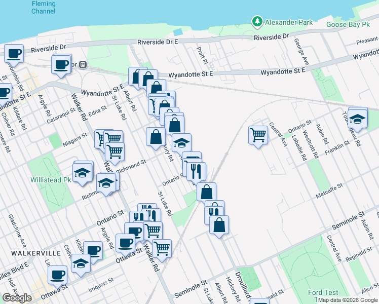 map of restaurants, bars, coffee shops, grocery stores, and more near 1133 Henry Ford Centre Drive in Windsor