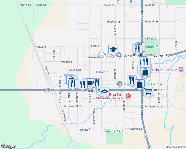 map of restaurants, bars, coffee shops, grocery stores, and more near 747 Lincoln Street in Montpelier