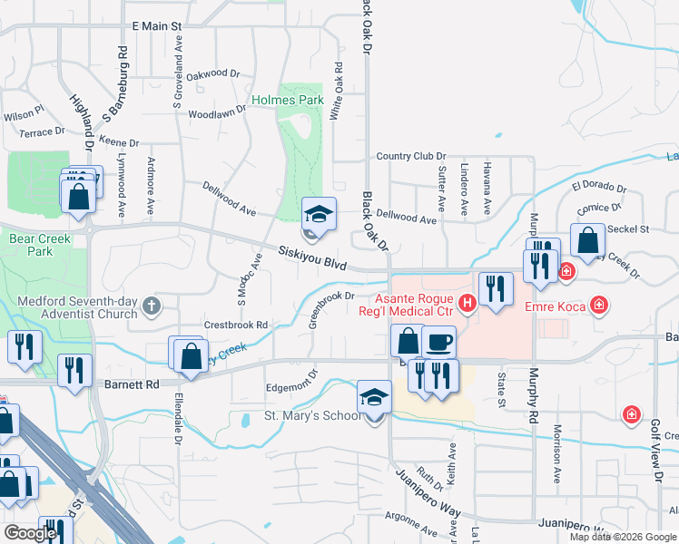 map of restaurants, bars, coffee shops, grocery stores, and more near 2400 Siskiyou Boulevard in Medford