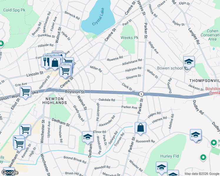 map of restaurants, bars, coffee shops, grocery stores, and more near 701 Boylston Street in Newton