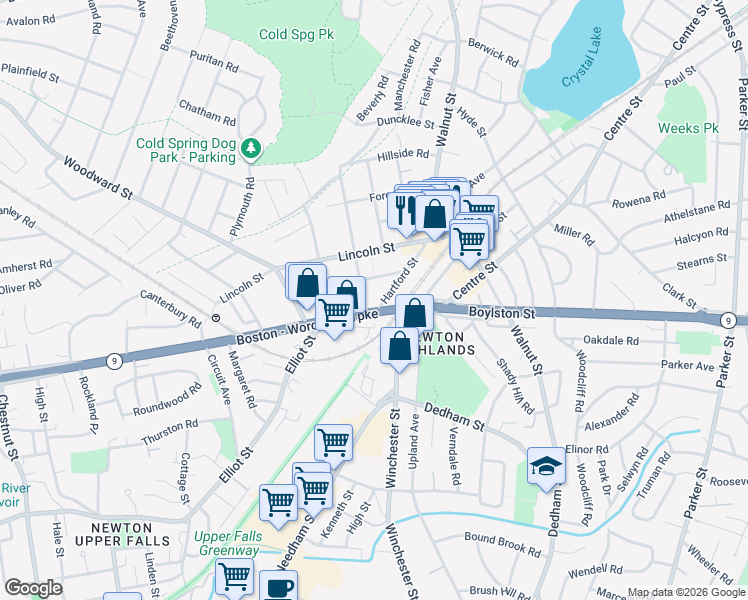 map of restaurants, bars, coffee shops, grocery stores, and more near 77 Hartford Street in Newton