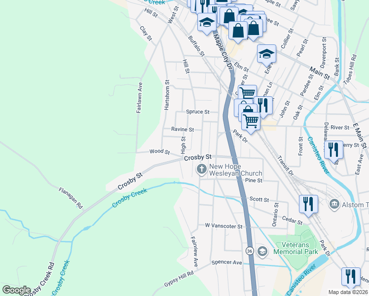 map of restaurants, bars, coffee shops, grocery stores, and more near 259 High Street in Hornell