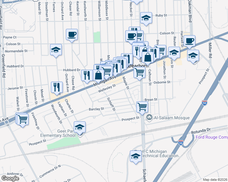 map of restaurants, bars, coffee shops, grocery stores, and more near 14214 Lithgow Street in Dearborn