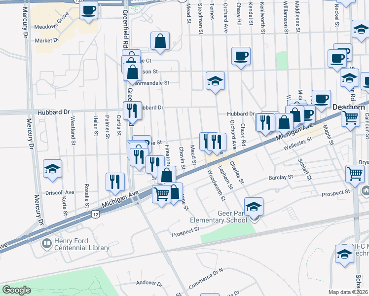 map of restaurants, bars, coffee shops, grocery stores, and more near 4625 Mead Street in Dearborn