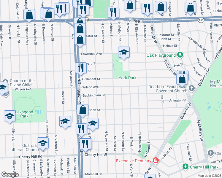 map of restaurants, bars, coffee shops, grocery stores, and more near 23637 Wilson Avenue in Dearborn