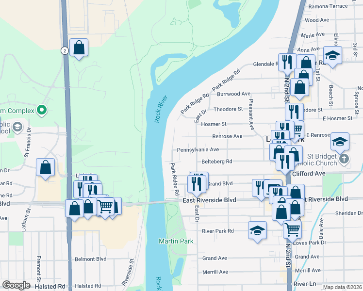 map of restaurants, bars, coffee shops, grocery stores, and more near 114 Pennsylvania Avenue in Loves Park