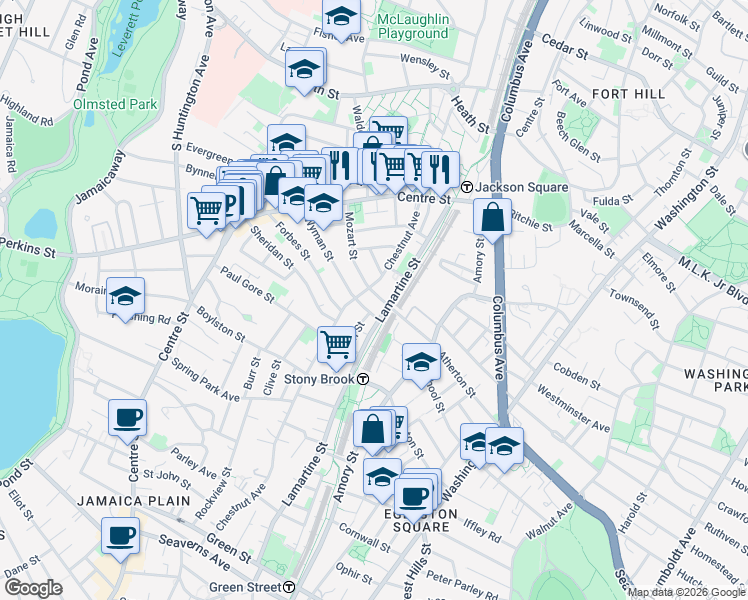 map of restaurants, bars, coffee shops, grocery stores, and more near 91 Mozart Street in Jamaica Plain
