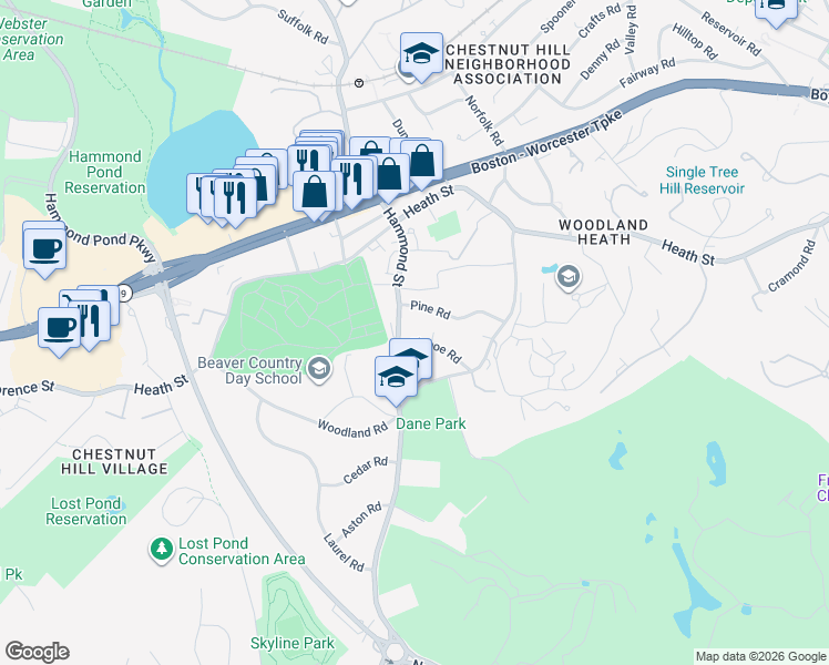map of restaurants, bars, coffee shops, grocery stores, and more near 727 Hammond Street in Brookline