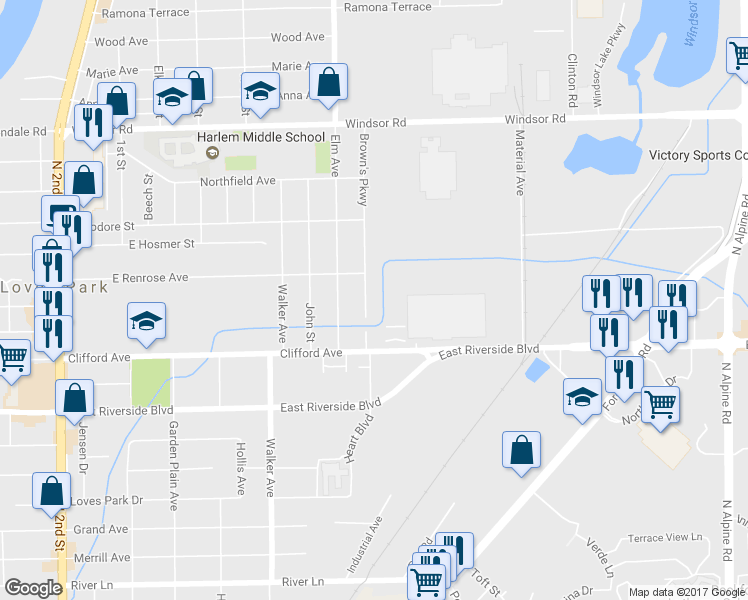 map of restaurants, bars, coffee shops, grocery stores, and more near 6131 Brown's Parkway in Loves Park