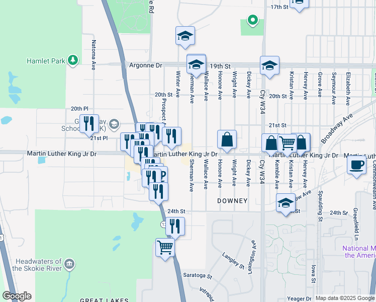 map of restaurants, bars, coffee shops, grocery stores, and more near 2500 22nd Street in North Chicago
