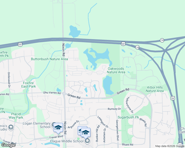 map of restaurants, bars, coffee shops, grocery stores, and more near 2974 Barclay Way in Ann Arbor