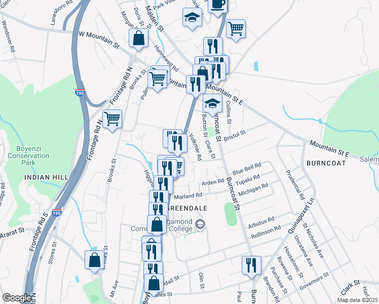 map of restaurants, bars, coffee shops, grocery stores, and more near 4 Arena Street in Worcester