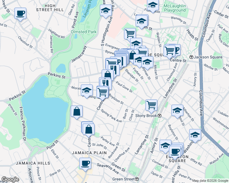 map of restaurants, bars, coffee shops, grocery stores, and more near 15 Oakview Terrace in Boston