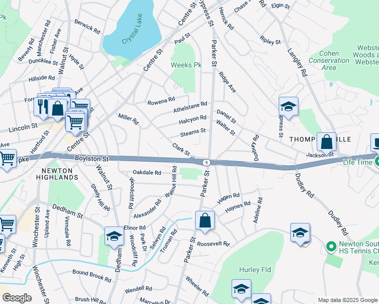 map of restaurants, bars, coffee shops, grocery stores, and more near 158 Clark Street in Newton