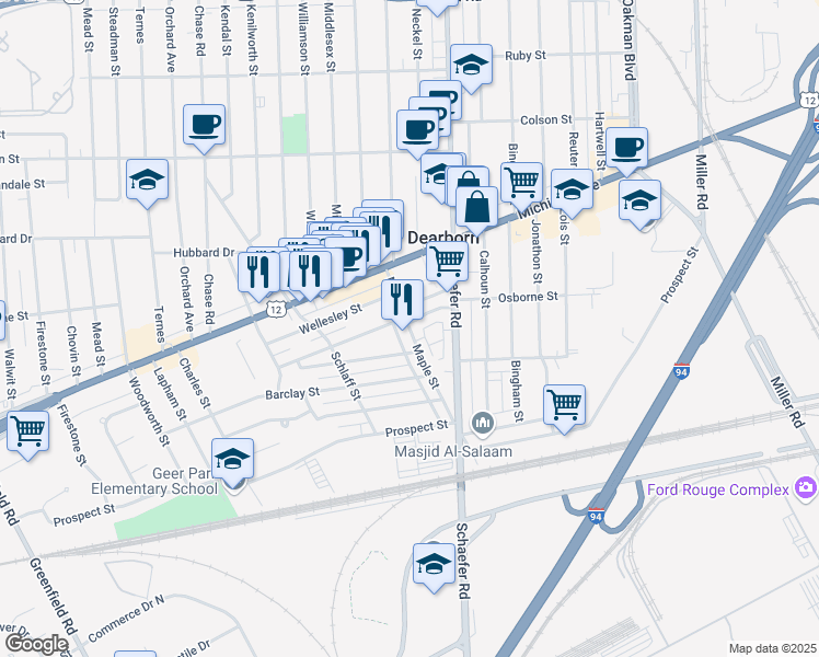 map of restaurants, bars, coffee shops, grocery stores, and more near 4353 Maple Street in Dearborn