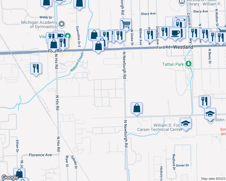 map of restaurants, bars, coffee shops, grocery stores, and more near 35795 Willow Lane in Westland
