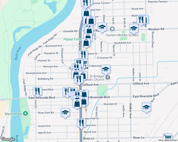 map of restaurants, bars, coffee shops, grocery stores, and more near 520 Hanna Court in Loves Park