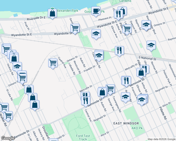map of restaurants, bars, coffee shops, grocery stores, and more near 1302 Aubin Road in Windsor