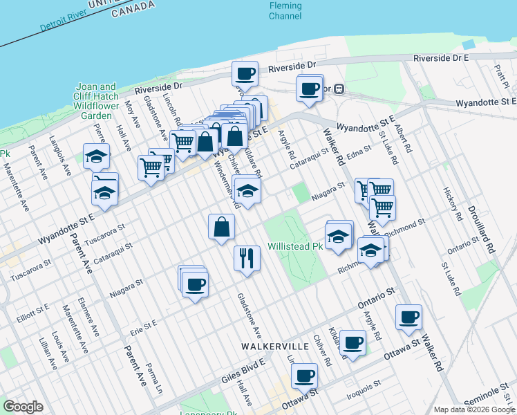 map of restaurants, bars, coffee shops, grocery stores, and more near in Windsor