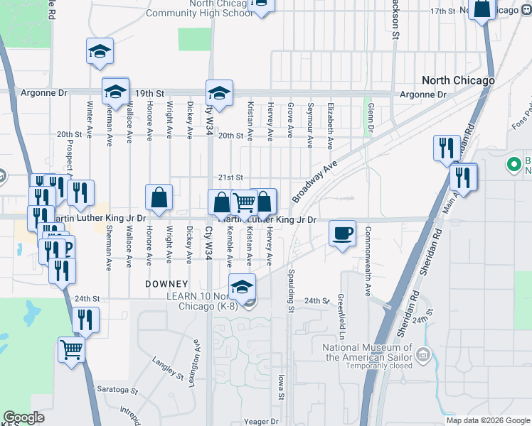map of restaurants, bars, coffee shops, grocery stores, and more near 1718 Martin Luther King Junior Drive in North Chicago