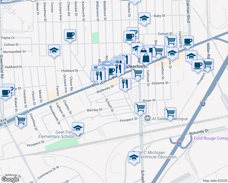 map of restaurants, bars, coffee shops, grocery stores, and more near 14214 Lithgow Street in Dearborn