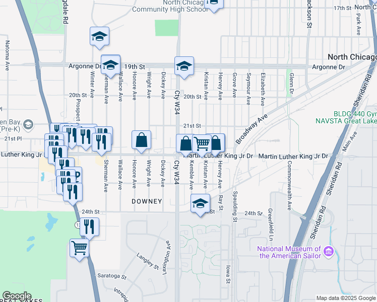 map of restaurants, bars, coffee shops, grocery stores, and more near 1900 Martin Luther King Junior Drive in North Chicago