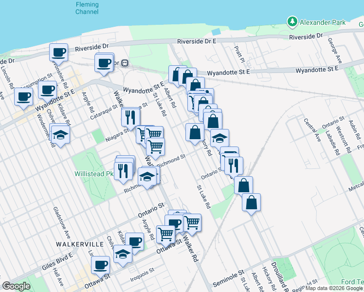 map of restaurants, bars, coffee shops, grocery stores, and more near 1068 Saint Luke Road in Windsor