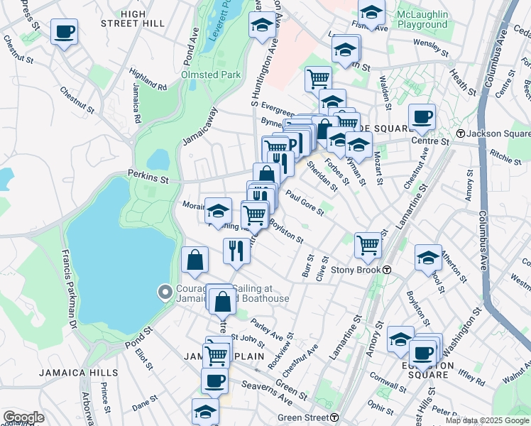 map of restaurants, bars, coffee shops, grocery stores, and more near 457 Centre Street in Boston