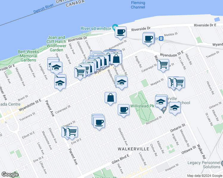 map of restaurants, bars, coffee shops, grocery stores, and more near 812 Lincoln Road in Windsor