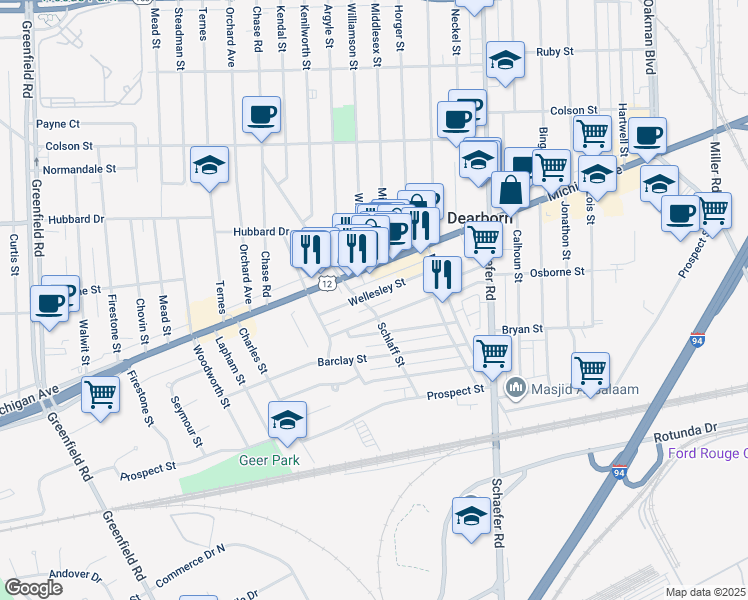 map of restaurants, bars, coffee shops, grocery stores, and more near 14277 Wellesley Street in Dearborn
