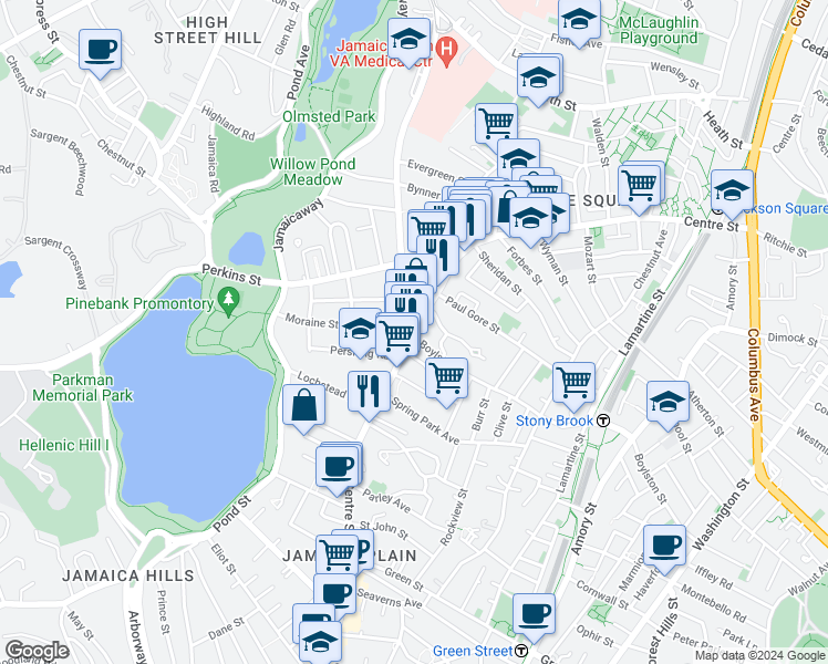 map of restaurants, bars, coffee shops, grocery stores, and more near 890 South Huntington Avenue in Boston