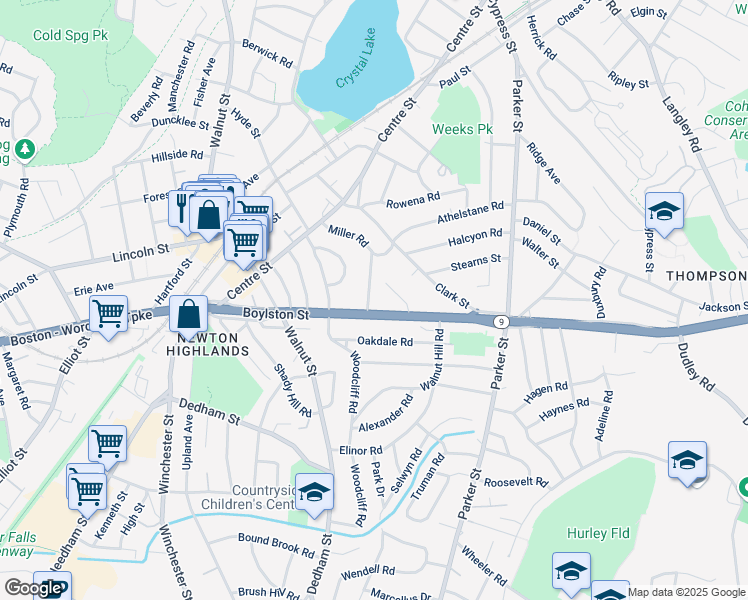 map of restaurants, bars, coffee shops, grocery stores, and more near 81 Cloverdale Road in Newton