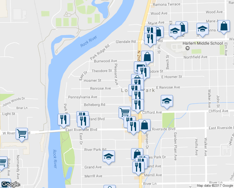 map of restaurants, bars, coffee shops, grocery stores, and more near 344 Pennsylvania Avenue in Loves Park