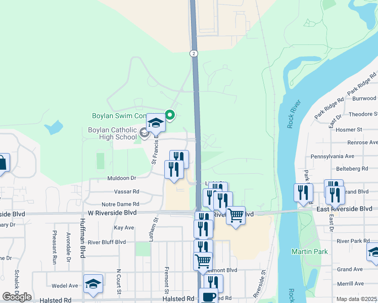 map of restaurants, bars, coffee shops, grocery stores, and more near 4249 North Main Street in Rockford