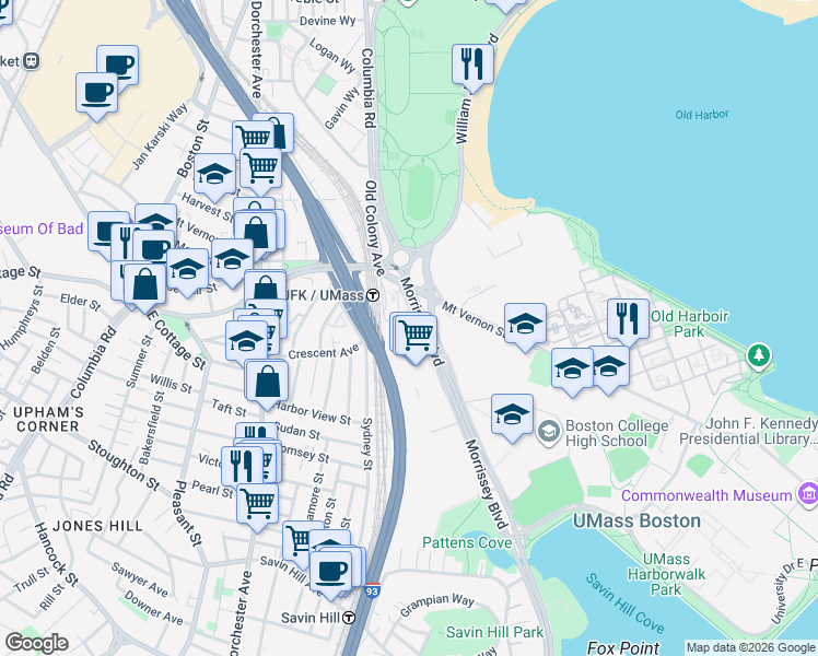 map of restaurants, bars, coffee shops, grocery stores, and more near 25 Morrissey Boulevard in Boston