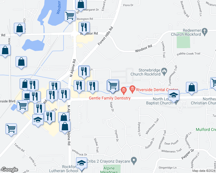 map of restaurants, bars, coffee shops, grocery stores, and more near 4112 Renn Hart Hills in Loves Park