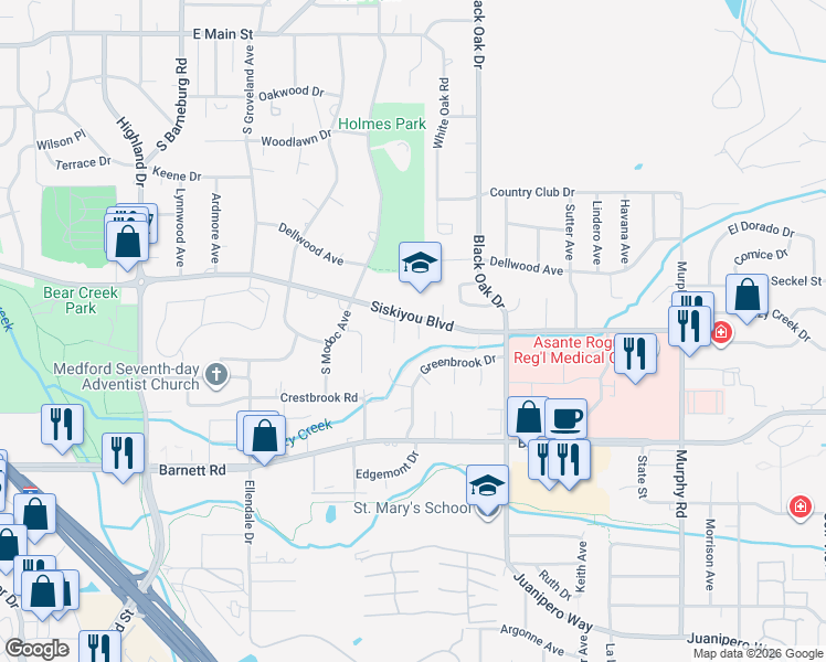 map of restaurants, bars, coffee shops, grocery stores, and more near 536 Amber Circle in Medford